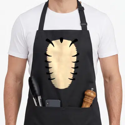 Tigerfamily tiger apron - Beige oval cartoon caterpillar body with eight black legs protruding from sides and top — shown on a black cotton canvas apron against a white background