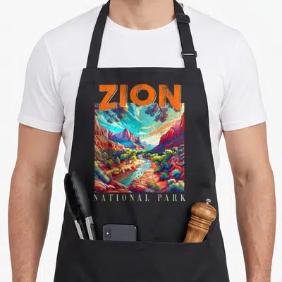 Nationalpark us aprons - Retro Zion National Park landscape with orange text and colorful canyon river art — shown on a black cotton canvas apron against a white background