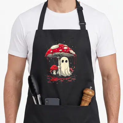 Cottagecore halloween apron - White cartoon ghost holding red spotted mushroom as umbrella with red liquid dripping — shown on a black cotton canvas apron against a white background