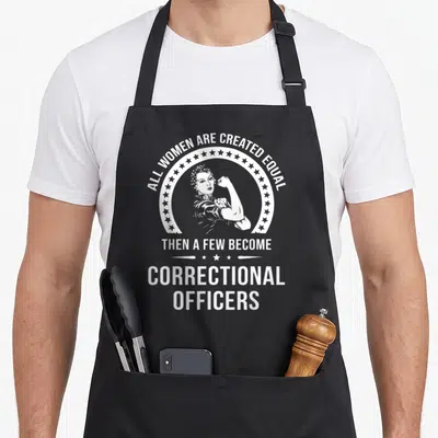Correctional embroidery apron - White text all women created equal then become correctional officers around flexing — shown on a black cotton canvas apron against a white background