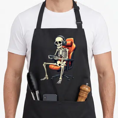 Skeleton gamer halloween apron - Cartoon skeleton sitting in orange gaming chair wearing headphones and holding — shown on a black cotton canvas apron against a white background