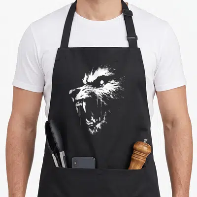 Werewolf spooky halloween apron - White line art of a snarling wolf head with open mouth and dripping ink effects — shown on a black cotton canvas apron against a white background