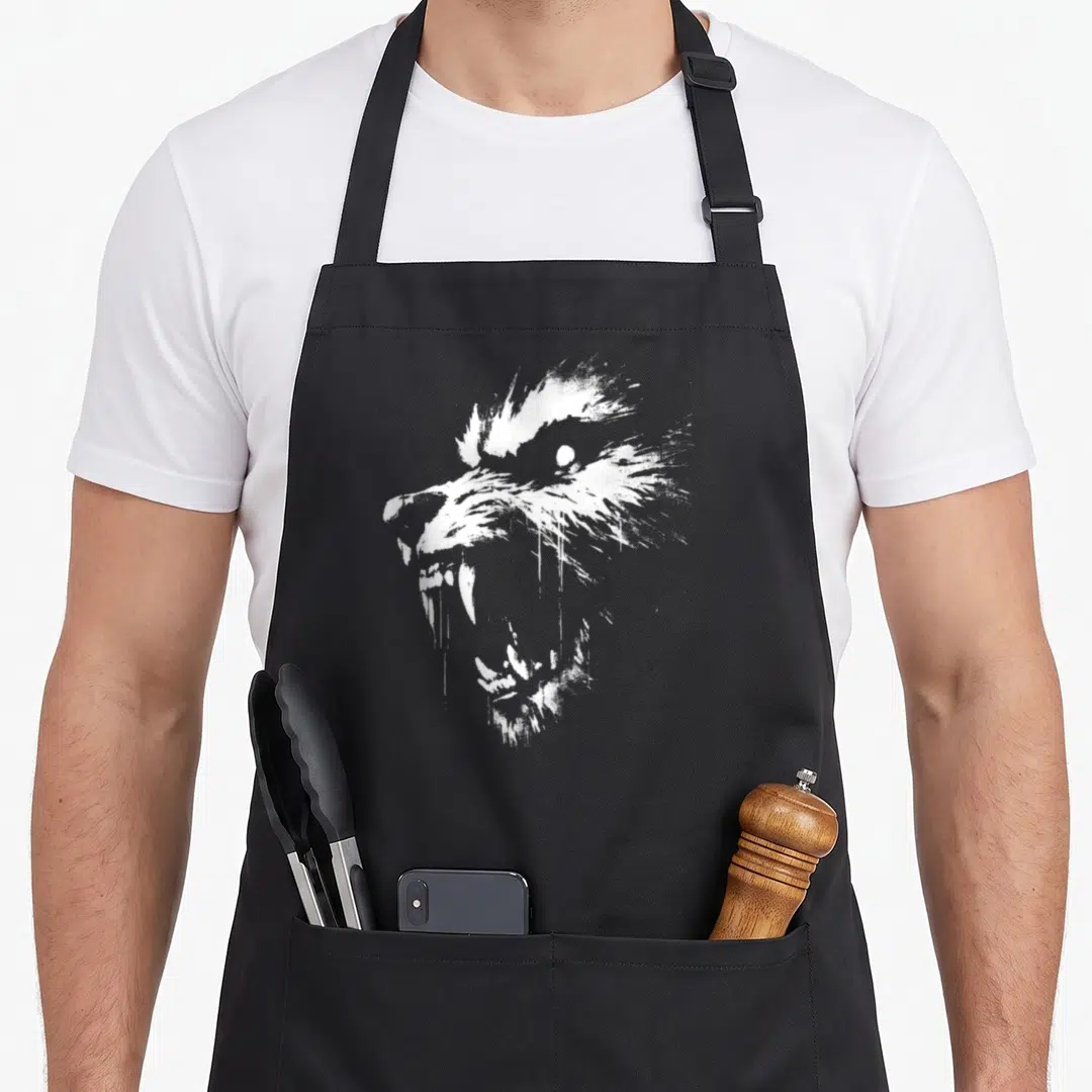 Werewolf spooky halloween apron - White line art of a snarling wolf head with open mouth and dripping ink effects — shown on a black cotton canvas apron against a white background
