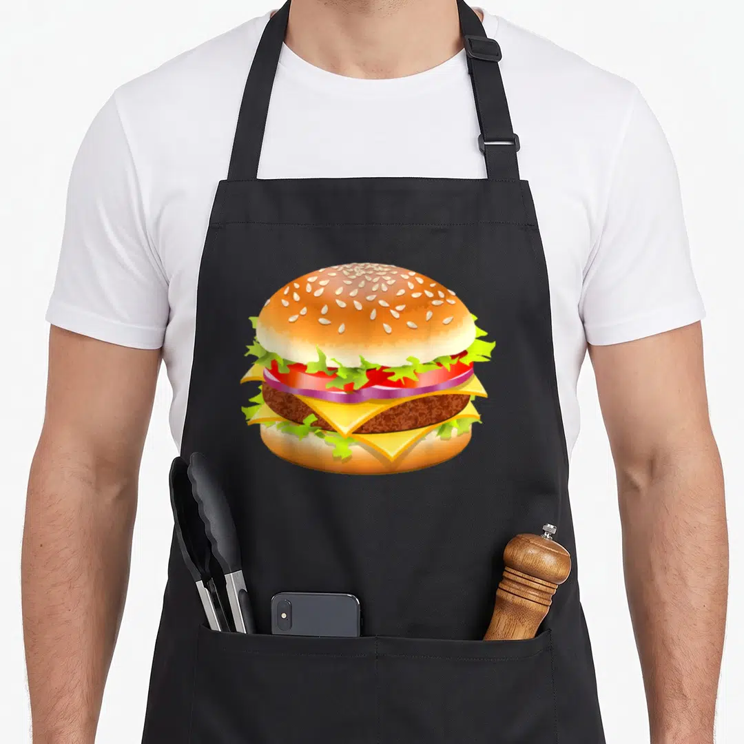 Cheeseburger halloween apron - Cartoon cheeseburger with sesame bun, lettuce, tomato, onion, and meat patty in vibrant — shown on a black cotton canvas apron against a white background