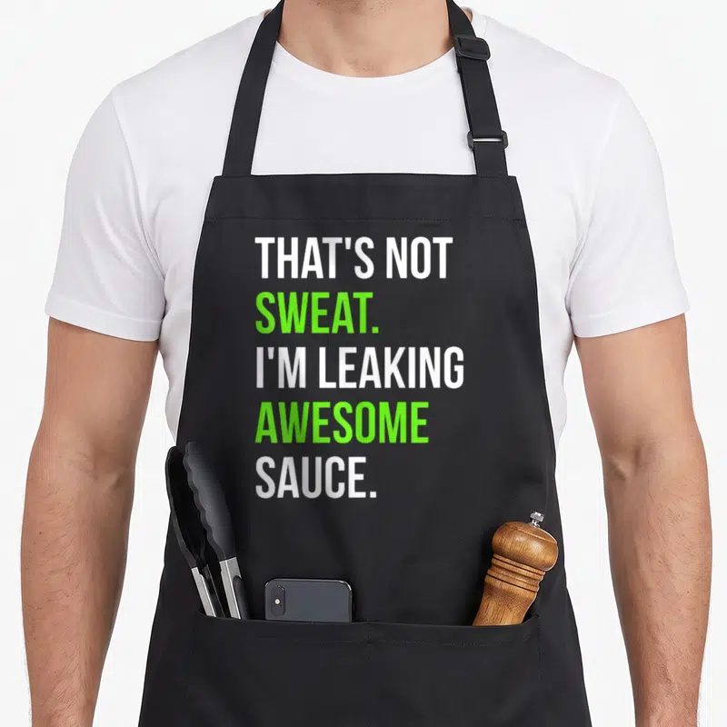 Leaking funny sauce apron - Stacked white and lime green text reading THAT'S NOT SWEAT I'M LEAKING AWESOME SAUCE — shown on a black cotton canvas apron against a white background