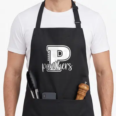 Sport fan novelty apron - White block letter P with nested D and panthers script on black background — shown on a black cotton canvas apron against a white background