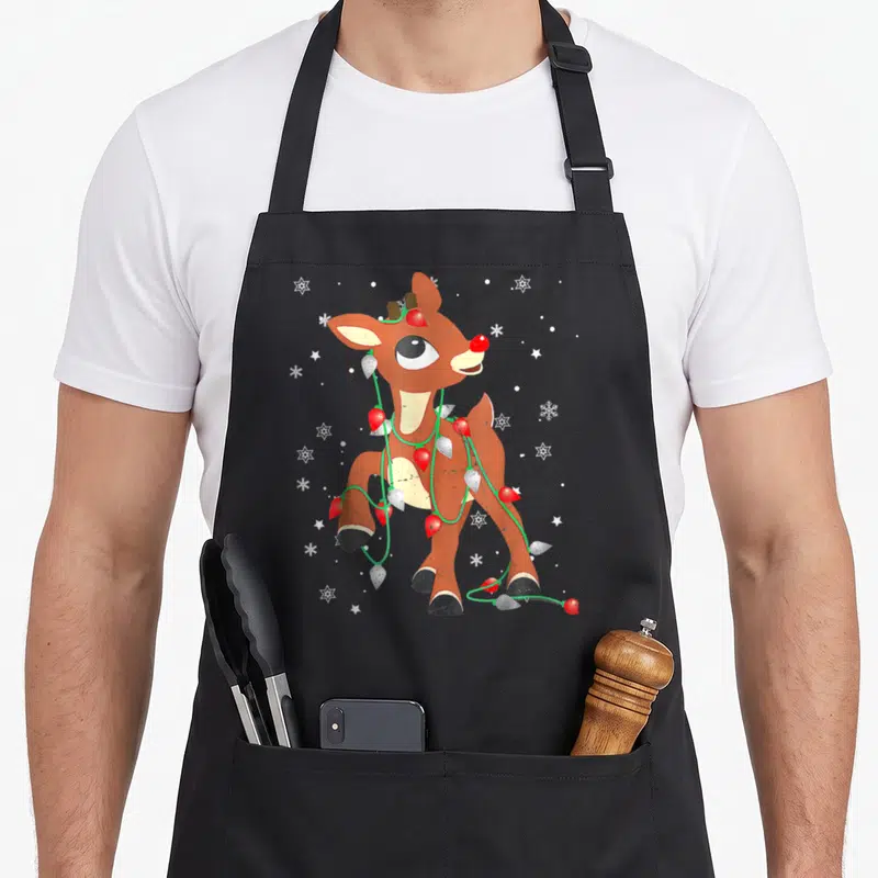 Rudolph red christmas apron - Cartoon brown reindeer wrapped in red and white lights with white snowflakes — shown on a black cotton canvas apron against a white background