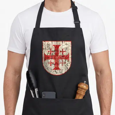 Jerusalem cross apron - Distressed red shield with large central cross and four smaller crosses on white background — shown on a black cotton canvas apron against a white background