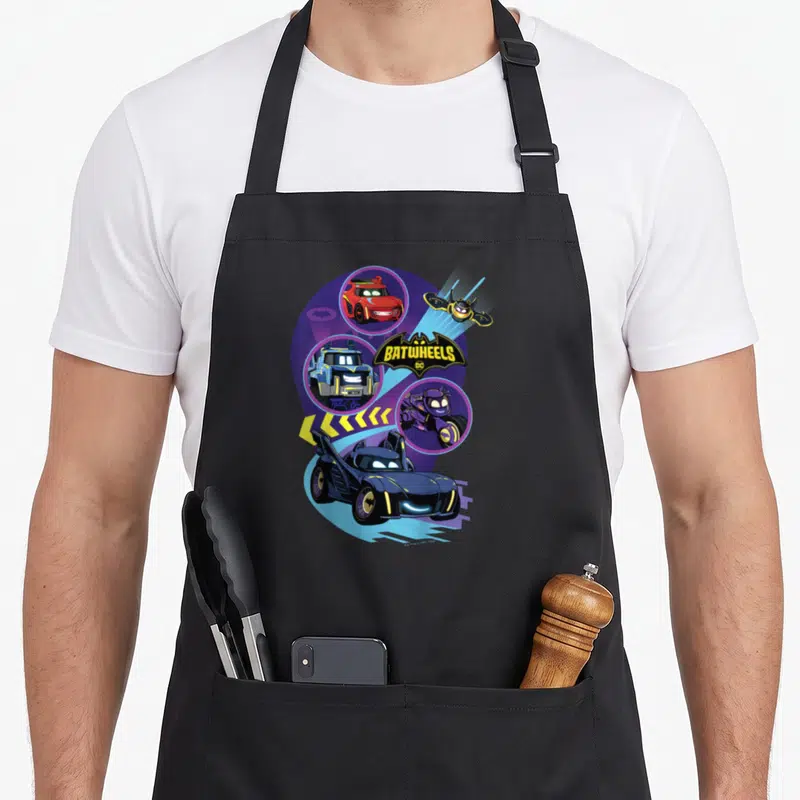 Batwheel highway patrol apron - Blue car with three smaller vehicles in circles and bat logo in purple and yellow — shown on a black cotton canvas apron against a white background