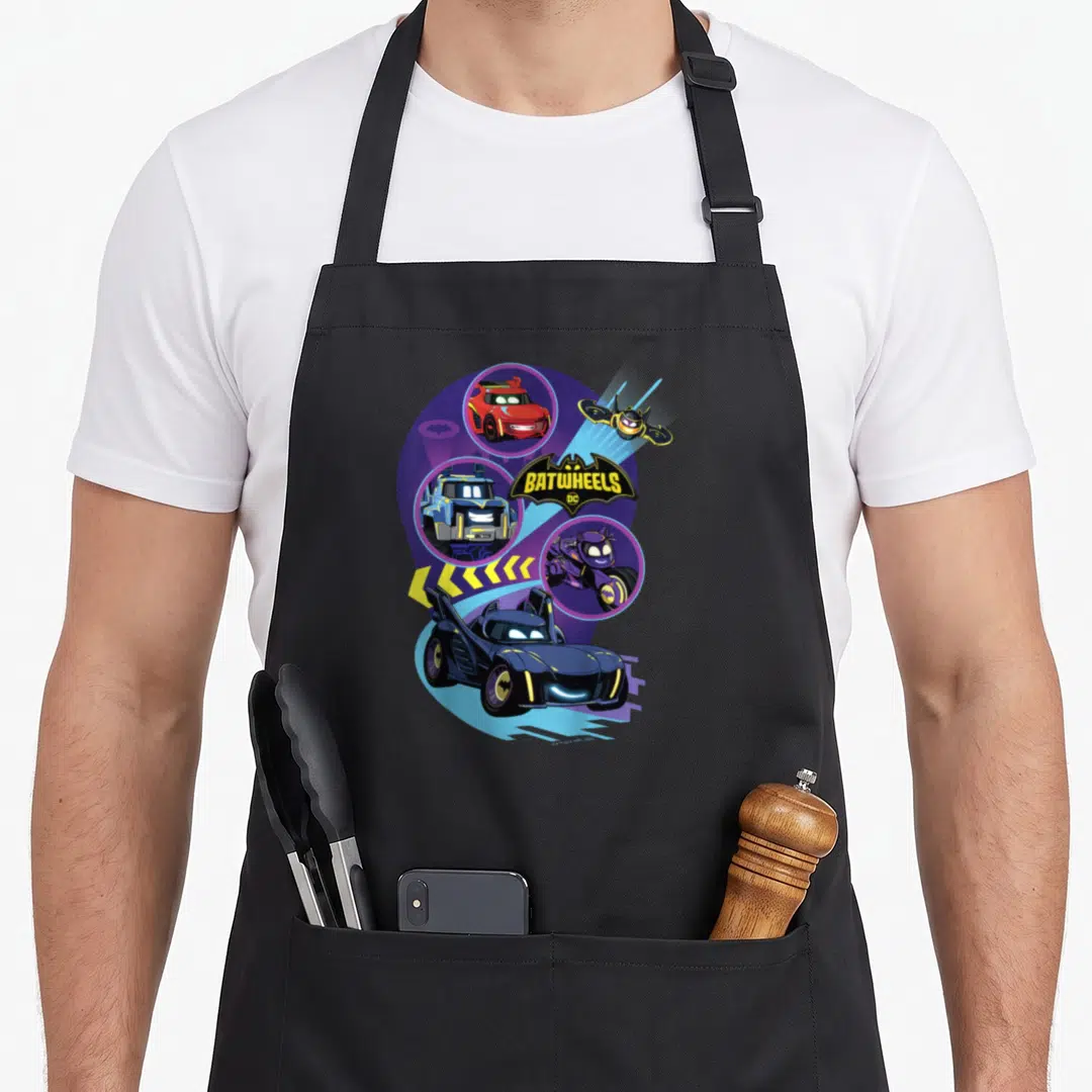 Batwheel highway patrol apron - Blue car with three smaller vehicles in circles and bat logo in purple and yellow — shown on a black cotton canvas apron against a white background