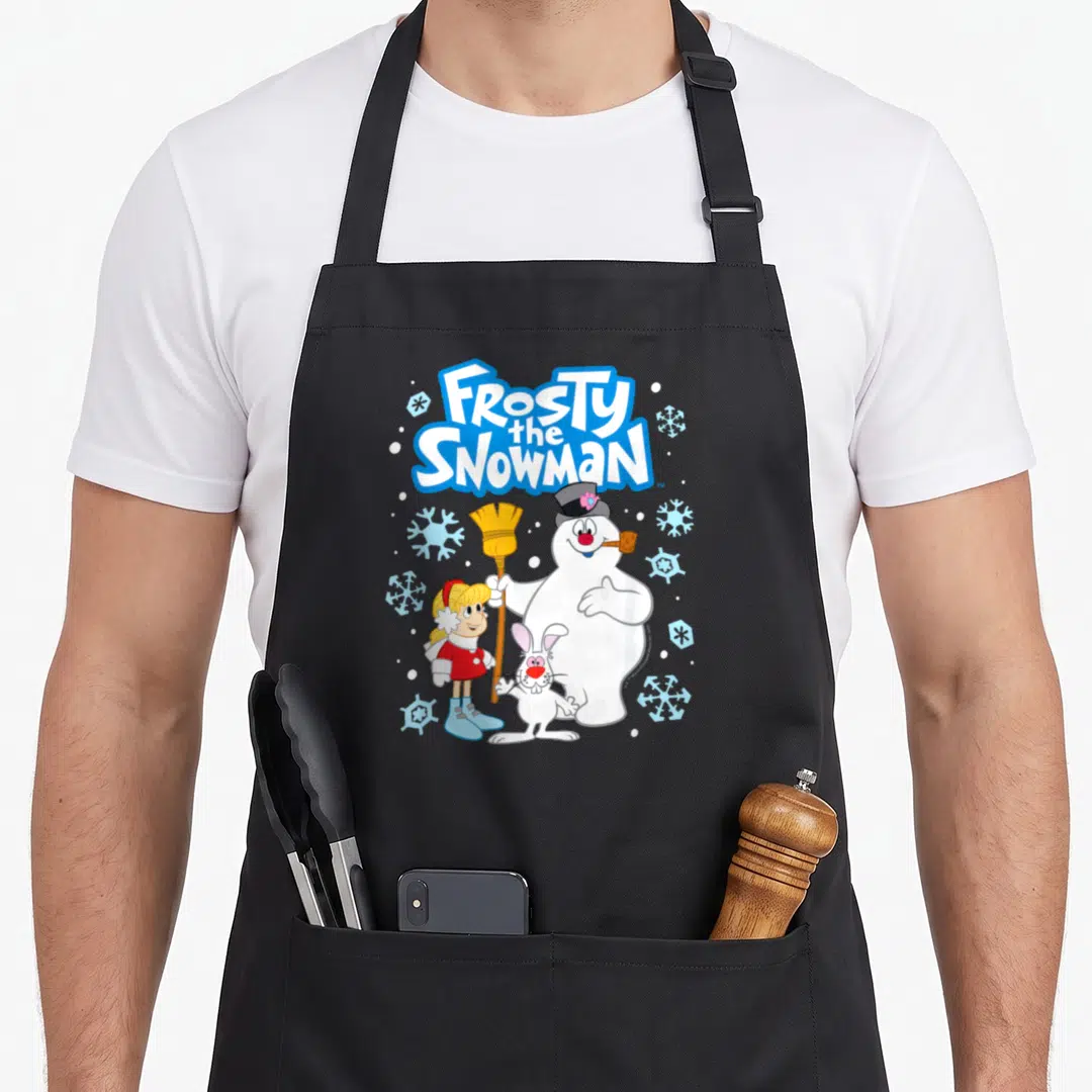 Snowflake snowman apron - Frosty the Snowman cartoon print with girl rabbit and blue snowflakes — shown on a black cotton canvas apron against a white background