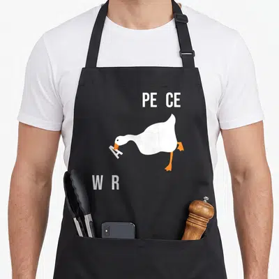 War goose apron - Minimalist white goose holding letter A between PE CE and WR text — shown on a black cotton canvas apron against a white background