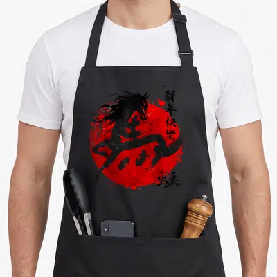 Zodiac horse apron - Black horse silhouette galloping over red watercolor circle with vertical Chinese calligraphy text — shown on a black cotton canvas apron against a white background