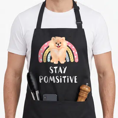 Pom dog mom apron - Cartoon Pomeranian sitting before a multi-colored rainbow with Stay Pomsitive text below — shown on a black cotton canvas apron against a white background