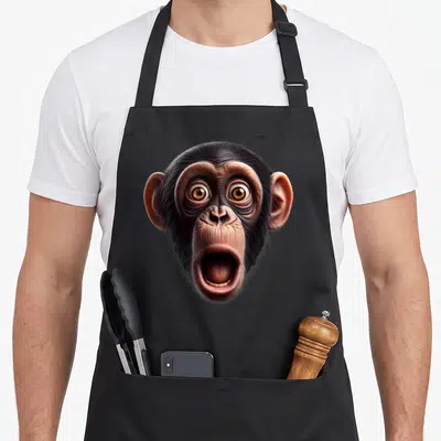 Chimpanzee face apron - Realistic chimpanzee head print in black, brown, and tan on black fabric — shown on a black cotton canvas apron against a white background