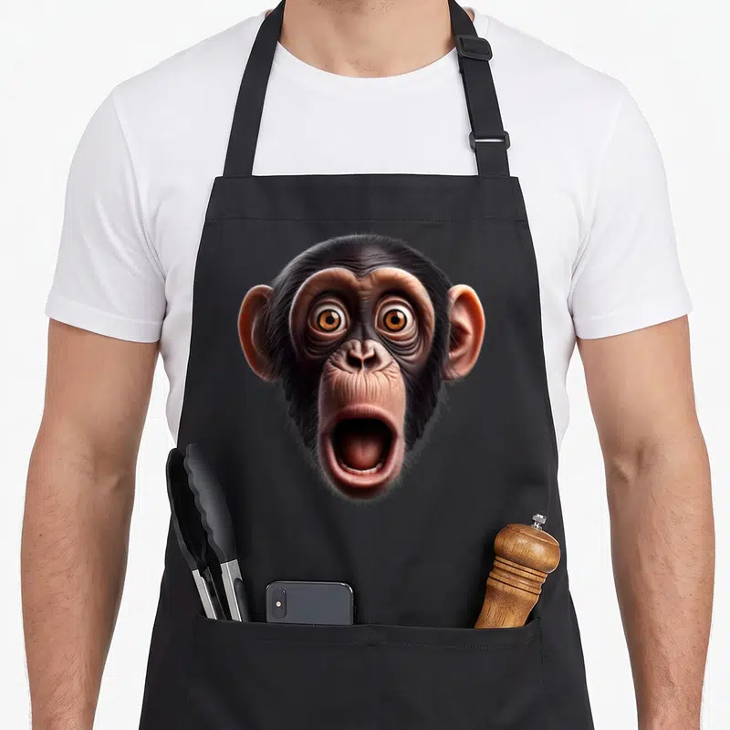 Chimpanzee face apron - Realistic chimpanzee head print in black, brown, and tan on black fabric — shown on a black cotton canvas apron against a white background