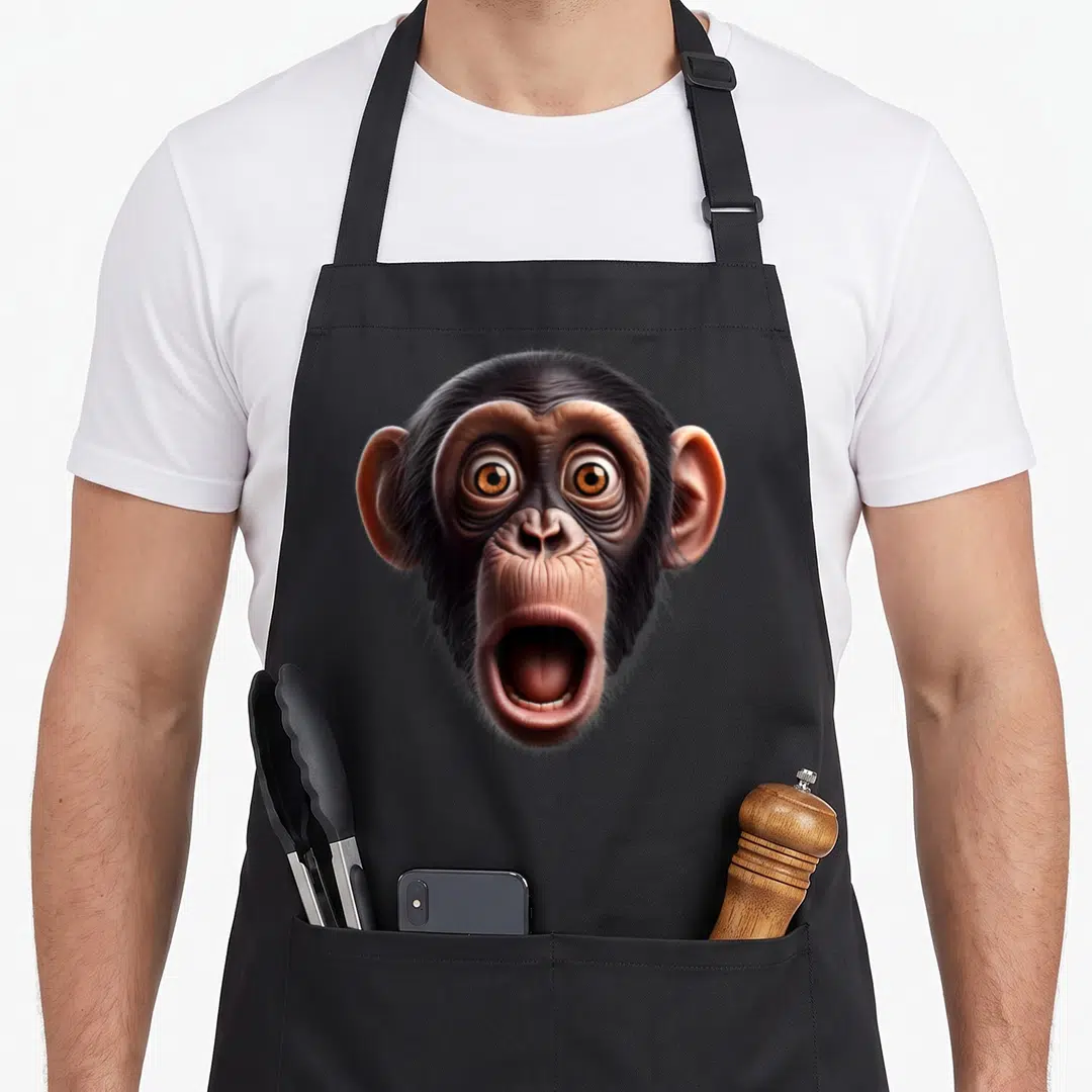 Chimpanzee face apron - Realistic chimpanzee head print in black, brown, and tan on black fabric — shown on a black cotton canvas apron against a white background