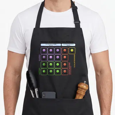 Particle teacher apron - Standard Model chart with colored cells showing quarks leptons and bosons like higgs and gluon — shown on a black cotton canvas apron against a white background