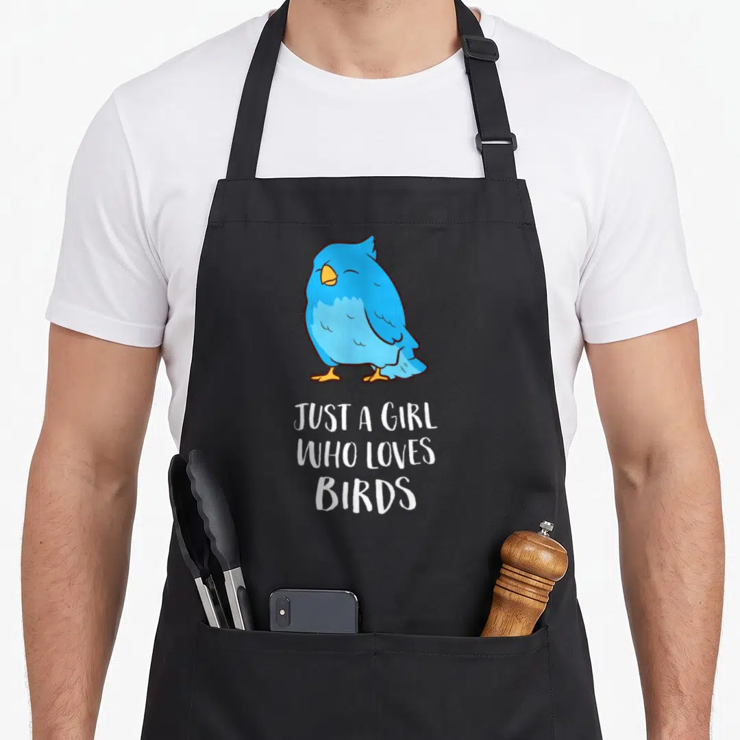 Cool bird apron - Blue cartoon bird with orange beak above white stacked text reading JUST A GIRL WHO LOVES BIRDS — shown on a black cotton canvas apron against a white background