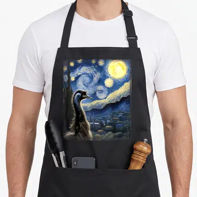 Emu van gogh apron - Emu in profile against a swirling blue night sky with a yellow moon and brown mountains — shown on a black cotton canvas apron against a white background