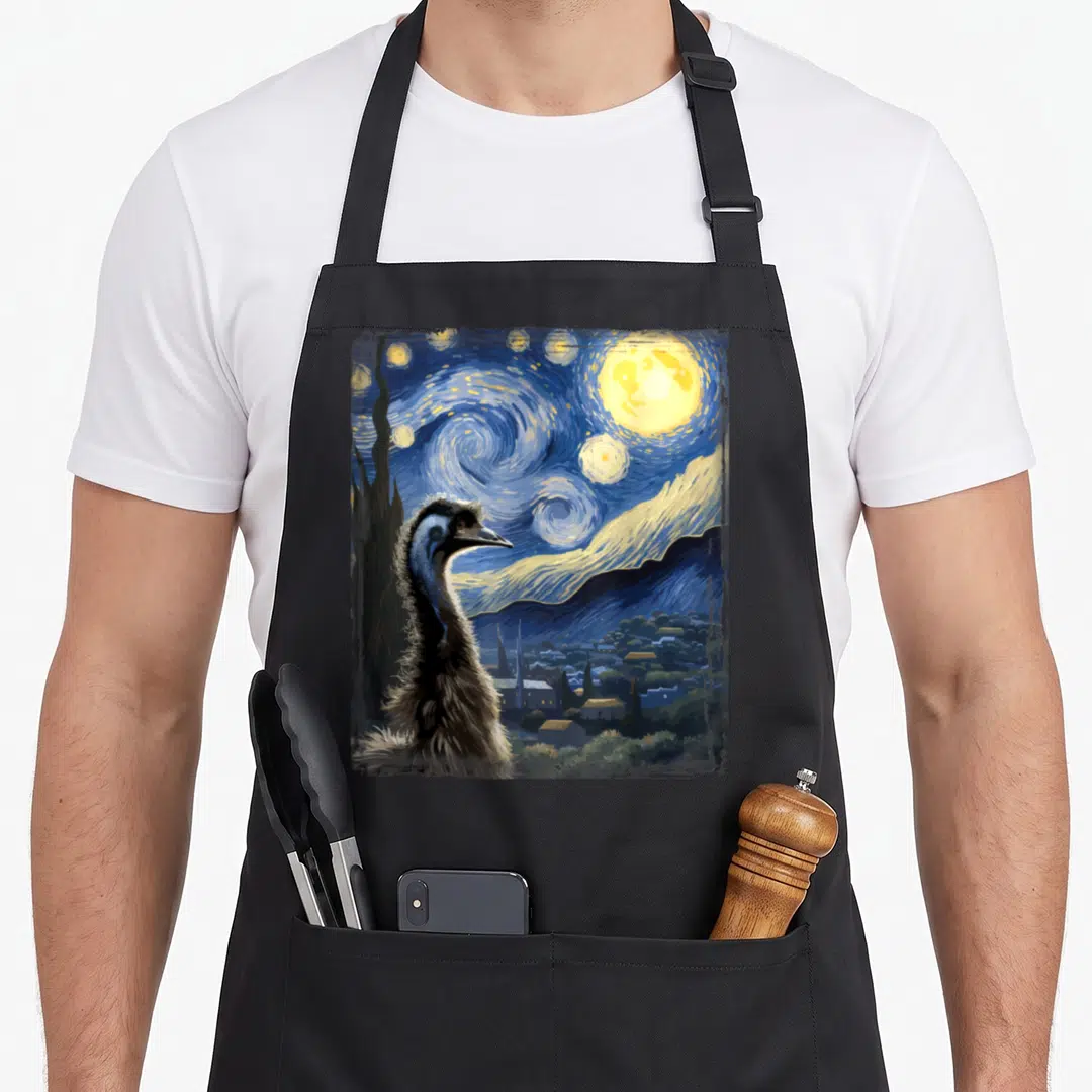 Emu van gogh apron - Emu in profile against a swirling blue night sky with a yellow moon and brown mountains — shown on a black cotton canvas apron against a white background