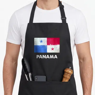 Cute panama panamanian girl apron - Distressed flag of Panama with blue and red stars above white PANAMA text — shown on a black cotton canvas apron against a white background