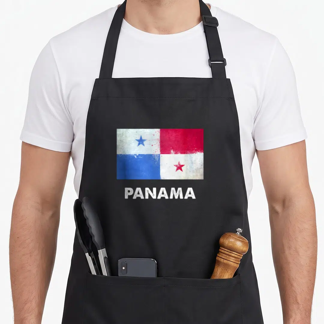 Cute panama panamanian girl apron - Distressed flag of Panama with blue and red stars above white PANAMA text — shown on a black cotton canvas apron against a white background