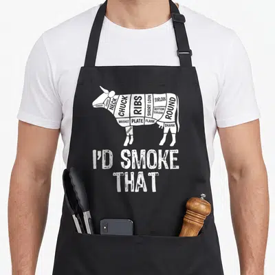 Cow barbecue apron - White cow diagram labeled with meat cuts and I'D SMOKE THAT text — shown on a black cotton canvas apron against a white background