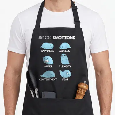Manatee unique apron - Six light blue cartoon manatees in a grid with white emotion labels including happiness — shown on a black cotton canvas apron against a white background