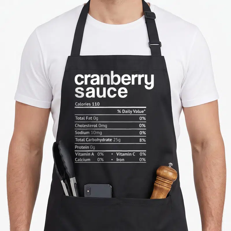 Cranberry christmas apron - White nutrition facts text listing cranberry sauce calories and zero fat values — shown on a black cotton canvas apron against a white background