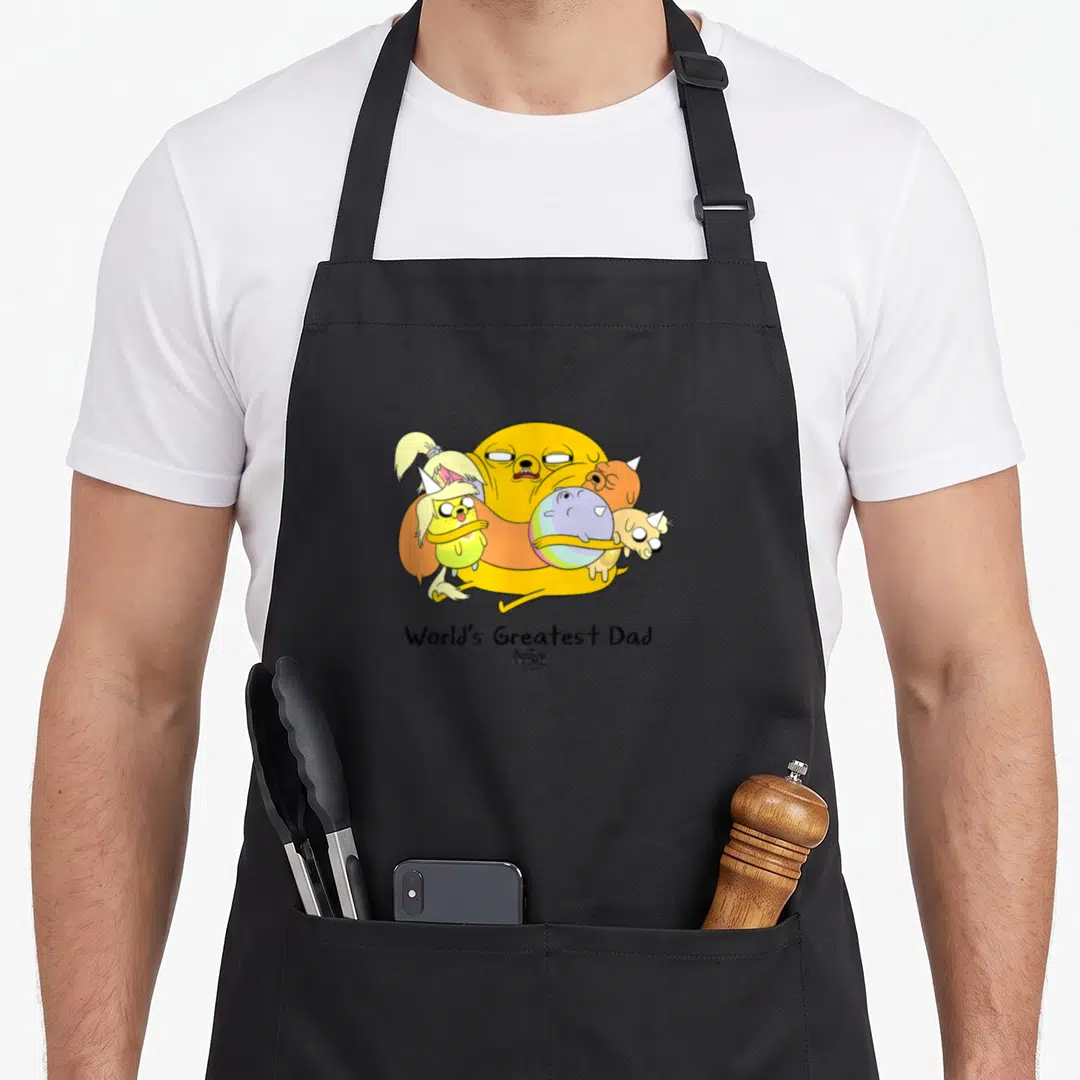 Adventure worlds greatest dad apron - Jake the Dog hugging friends with World's Greatest Dad text in cartoon style — shown on a black cotton canvas apron against a white background