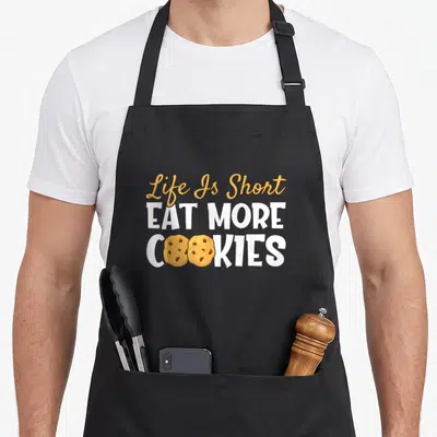 Eat cookies apron - Life Is Short EAT MORE COOKIES text with two tan cookies replacing O letters in white font — shown on a black cotton canvas apron against a white background
