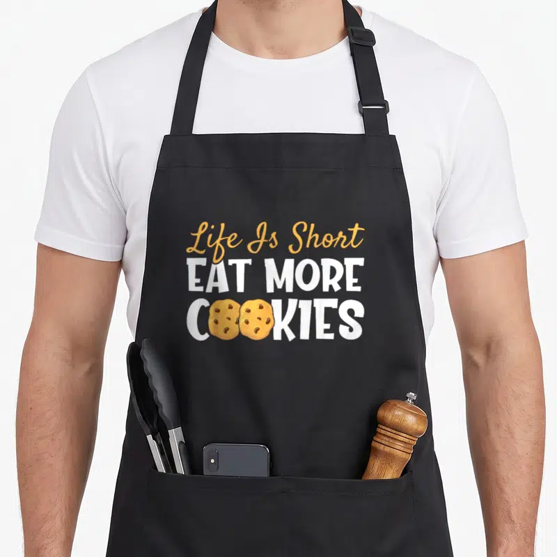 Eat cookies apron - Life Is Short EAT MORE COOKIES text with two tan cookies replacing O letters in white font — shown on a black cotton canvas apron against a white background