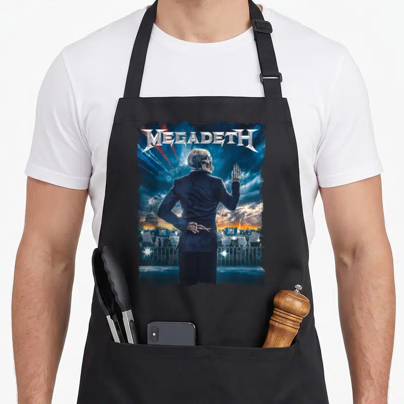 Megadeth rally girl apron - Skeleton in suit facing crowd with Megadeth text and rally signs — shown on a black cotton canvas apron against a white background
