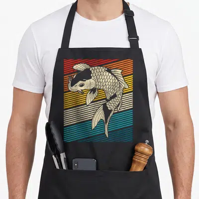 Pond japan apron - Retro koi fish centered over horizontal stripes in red, orange, yellow, teal, and beige — shown on a black cotton canvas apron against a white background