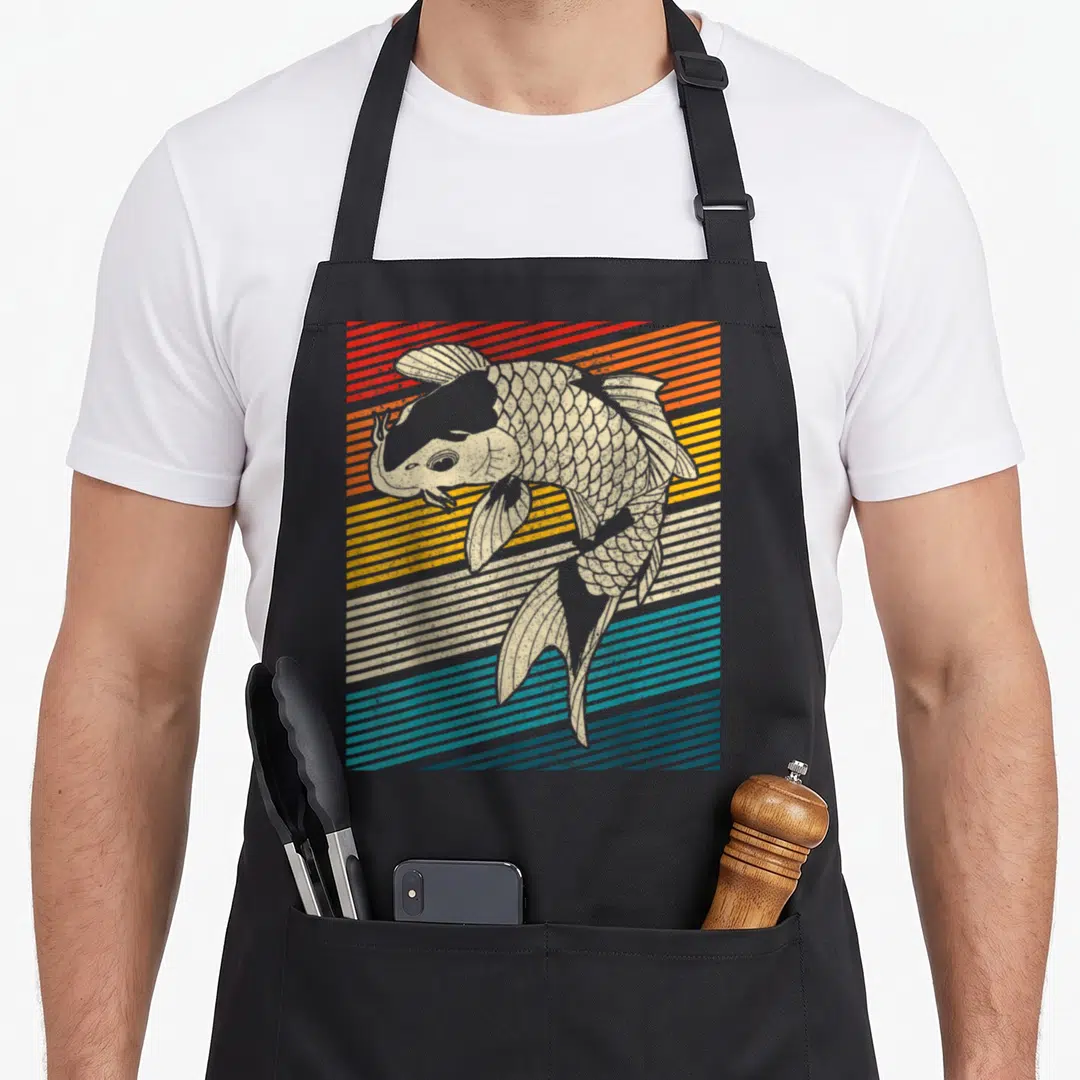 Pond japan apron - Retro koi fish centered over horizontal stripes in red, orange, yellow, teal, and beige — shown on a black cotton canvas apron against a white background