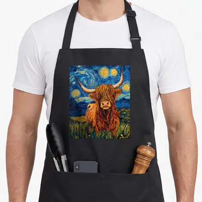 Van highland cow apron - Watercolor style highland cow under a swirling blue starry night sky with mountains and green — shown on a black cotton canvas apron against a white background