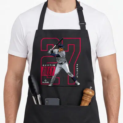 Austin baseball apron - Riley player in front of red outlined 27 with Atlanta text — shown on a black cotton canvas apron against a white background