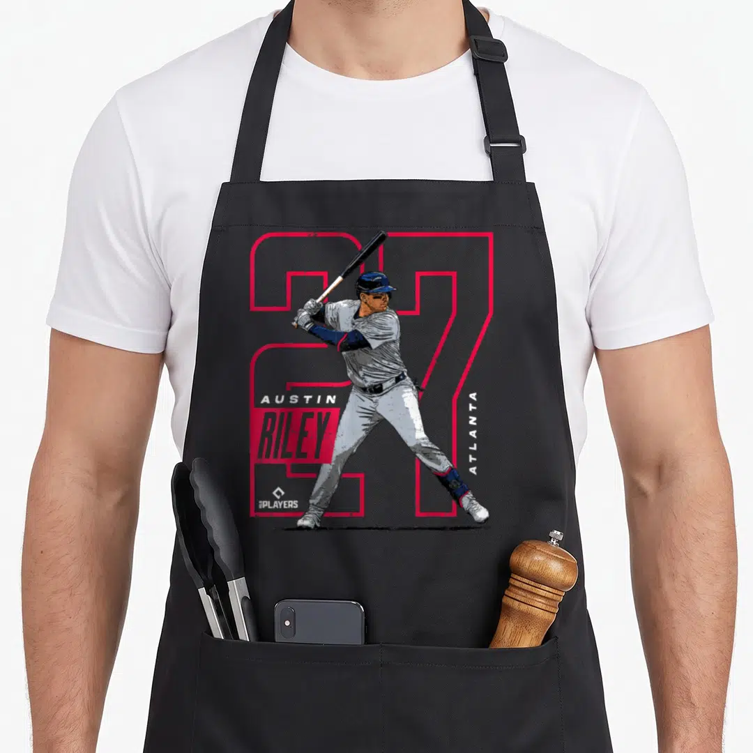 Austin baseball apron - Riley player in front of red outlined 27 with Atlanta text — shown on a black cotton canvas apron against a white background