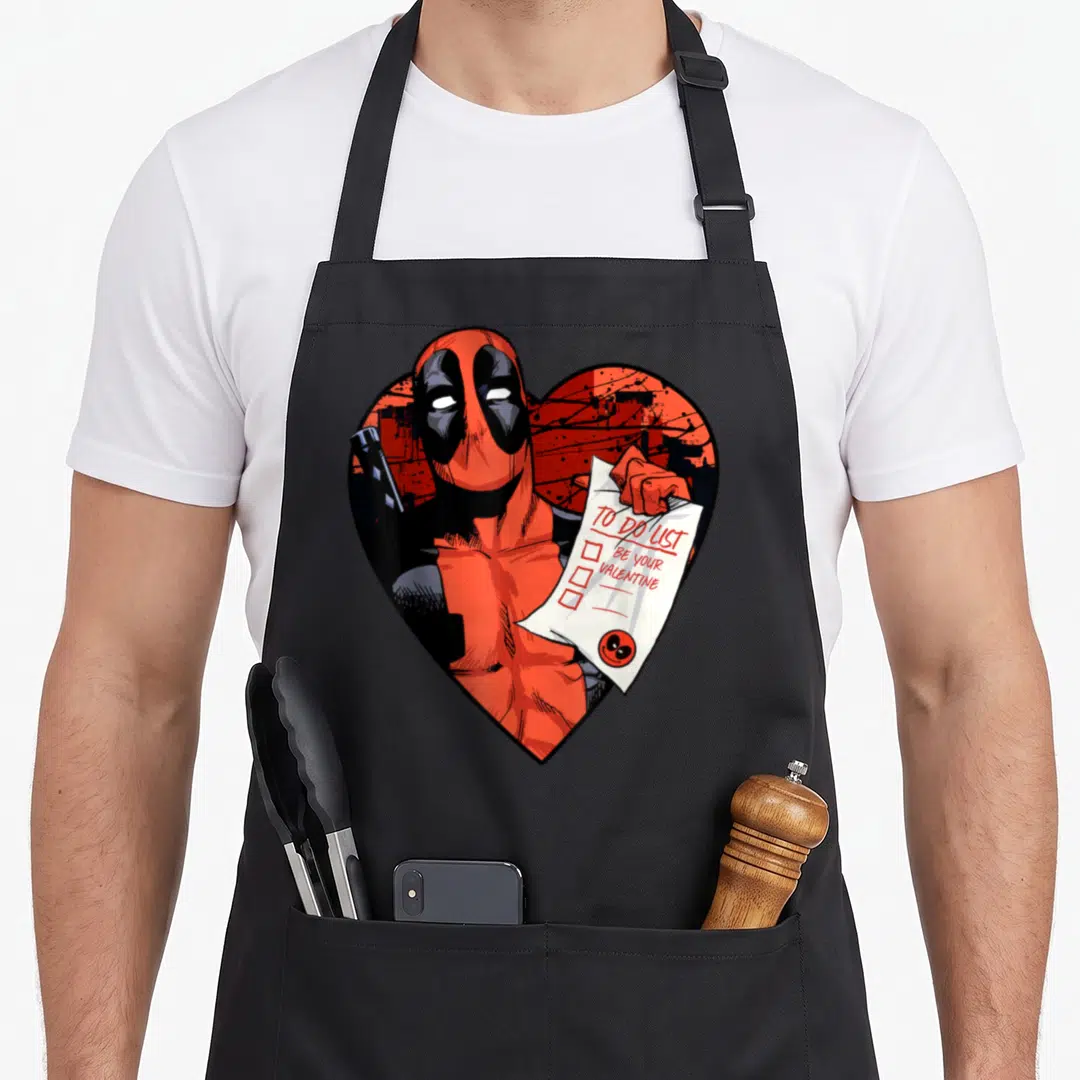 List valentine's day apron - Deadpool holding a to do list paper inside a red heart graphic — shown on a black cotton canvas apron against a white background