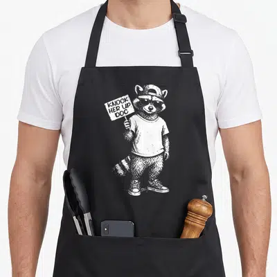 Transfer raccoon dad apron - White line art raccoon wearing sunglasses holding a KNOCK HER UP DOC sign — shown on a black cotton canvas apron against a white background