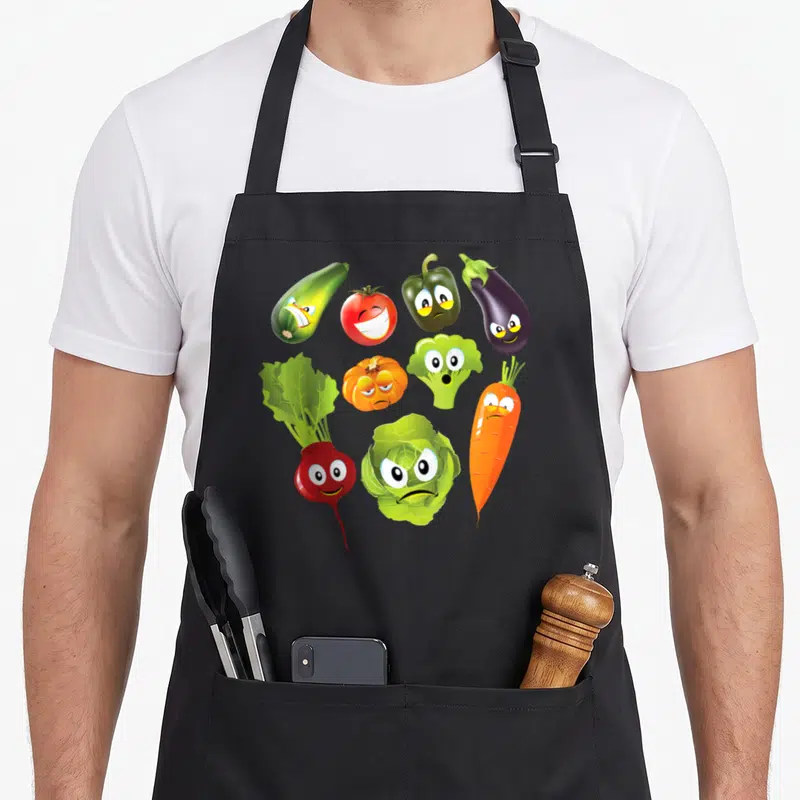 Vegetable vegan veggie apron - Cartoon zucchini tomato pepper eggplant pumpkin broccoli carrot beet cabbage with faces — shown on a black cotton canvas apron against a white background