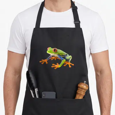 Callidryas tree apron - Photo of green red-eyed tree frog with blue legs and orange feet — shown on a black cotton canvas apron against a white background