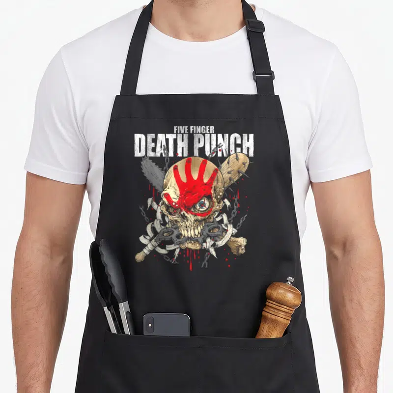 5fdp skull apron - Five Finger Death Punch text above a beige skull with a red handprint and spiked bat — shown on a black cotton canvas apron against a white background