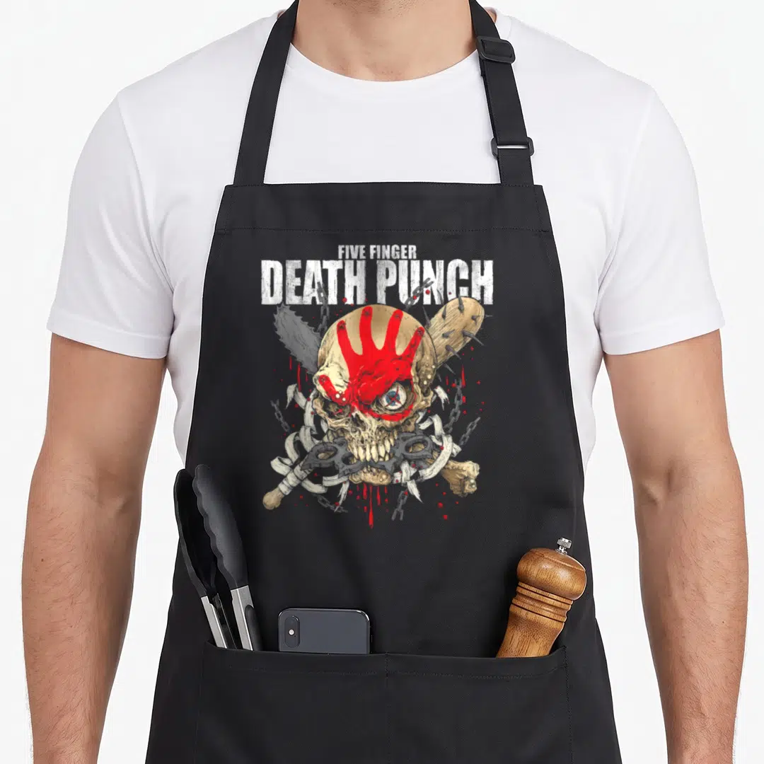 5fdp skull apron - Five Finger Death Punch text above a beige skull with a red handprint and spiked bat — shown on a black cotton canvas apron against a white background