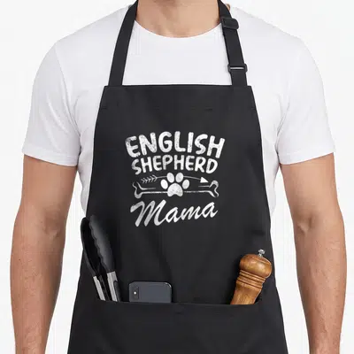 Shepherd english aprons - White distressed text ENGLISH SHEPHERD MAMA with paw print over bone and arrow — shown on a black cotton canvas apron against a white background