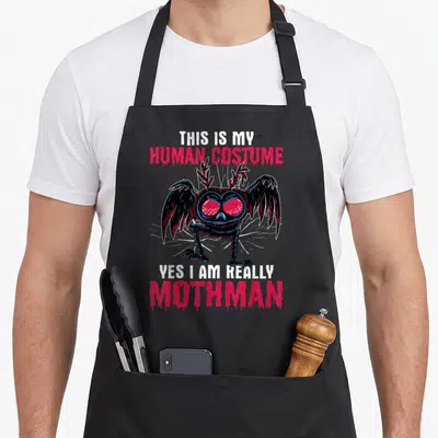 Mothman novelty apron - Mothman cartoon with This Is My Human Costume text in red and white — shown on a black cotton canvas apron against a white background