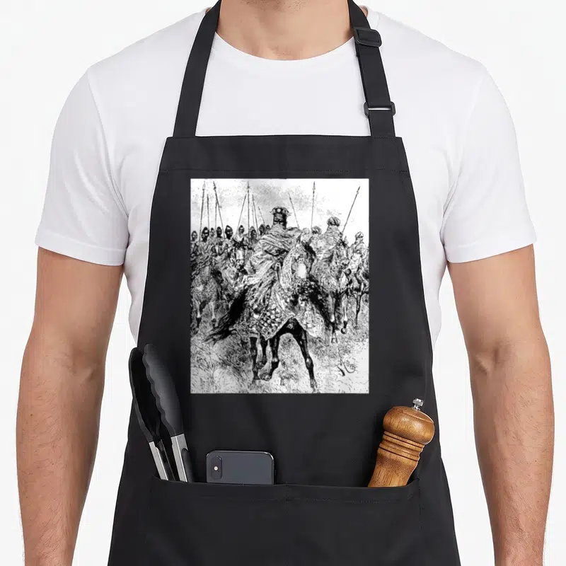 Mossi african apron - Line art of central horse rider surrounded by spearmen in grey white black tones — shown on a black cotton canvas apron against a white background