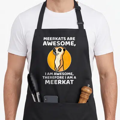 Meerkat cartoon apron - Cartoon meerkat in orange circle with stacked white text reading Meerkats Are Awesome — shown on a black cotton canvas apron against a white background