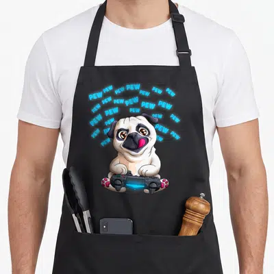 Blinky gaming apron - Cartoon pug holding game controller with scattered blue PEW text — shown on a black cotton canvas apron against a white background